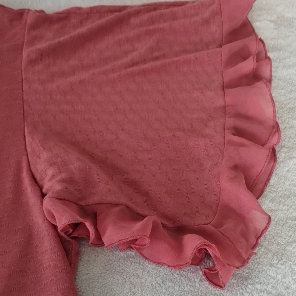 ONE WORLD Pink Flutter Sleeve Blouse with Ruffled Details - Picture 6 of 7